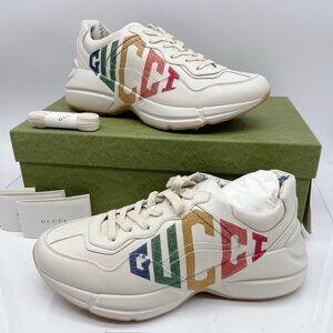 Gucci Rhyton Platform Calfskin Glitter Logo Womens Sneakers Mystic White EU 40.5